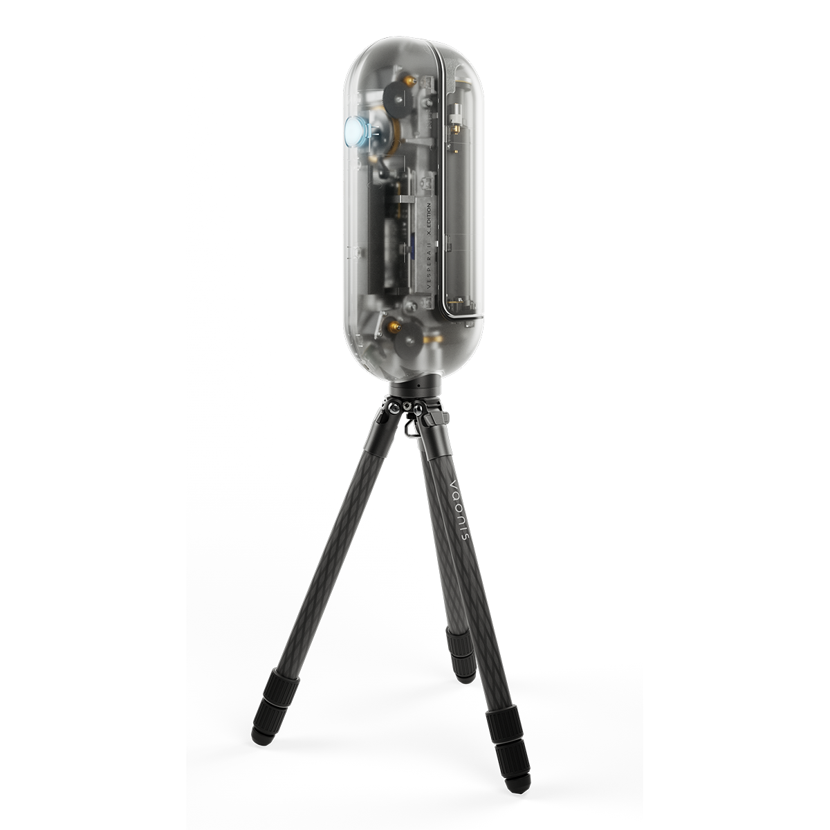 Tripod-mounted Vespera II with clear casing on a white background